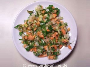Gemüse und Obst können auch klein geschnitten und mit Kräutern vermischt als Salat angeboten werden.